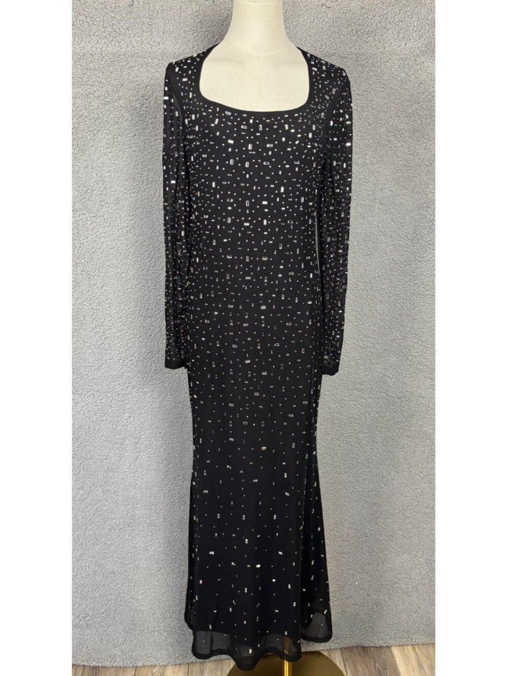Black Long Sleeve Maxi Dress Rhinestone Embellishments Square Neck Medium NWOT's